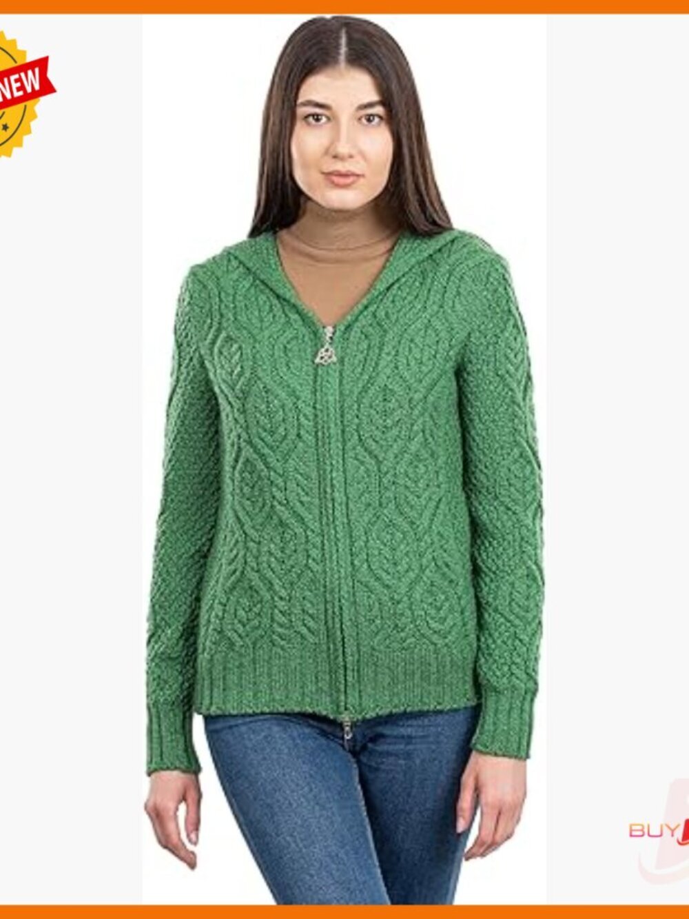 Merino Wool Hooded Zip Cardigan Warm Breathable Irish Aran Stitch